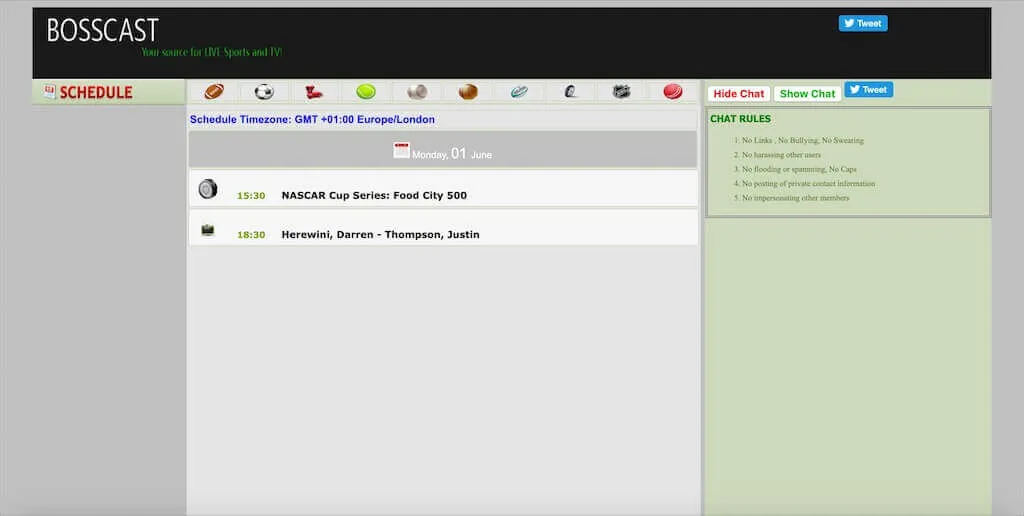 Die Bosscast.net Startseite zeigt aktuelle Sportevents