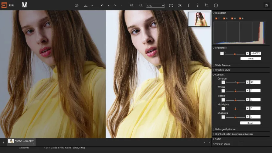 Die Edit-Oberfläche von Imaging Edge Desktop mit detaillierten Anpassungswerkzeugen für ein RAW-Bild.