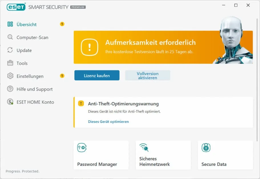 Die Eset Benutzeroberfläche visualisiert klar, wo Handlungsbedarf im Bereich Sicherheit besteht.