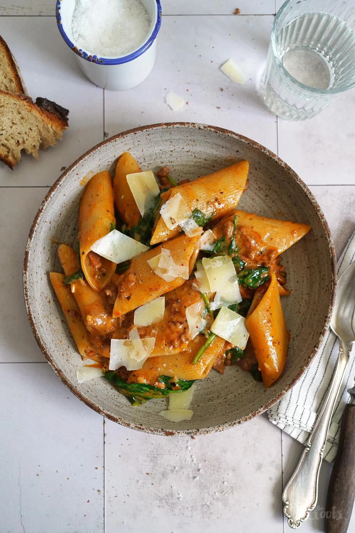Die fertige One-Pot Pasta mit frischem Spinat und Hackfleisch im Topf, kurz vor dem Servieren.