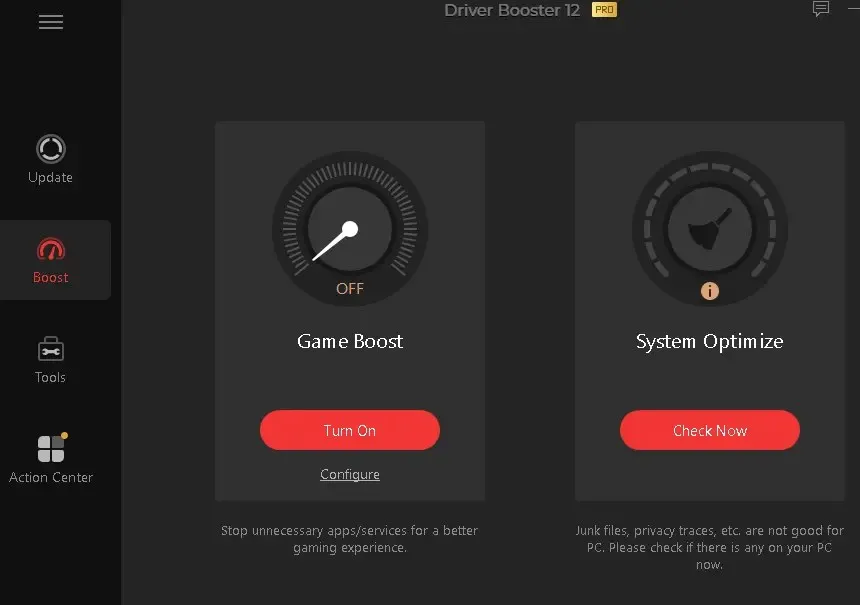 Die Game Boost Funktion in Driver Booster Pro 12, die verschiedene Optimierungsoptionen zur Verbesserung der Spielleistung hervorhebt.