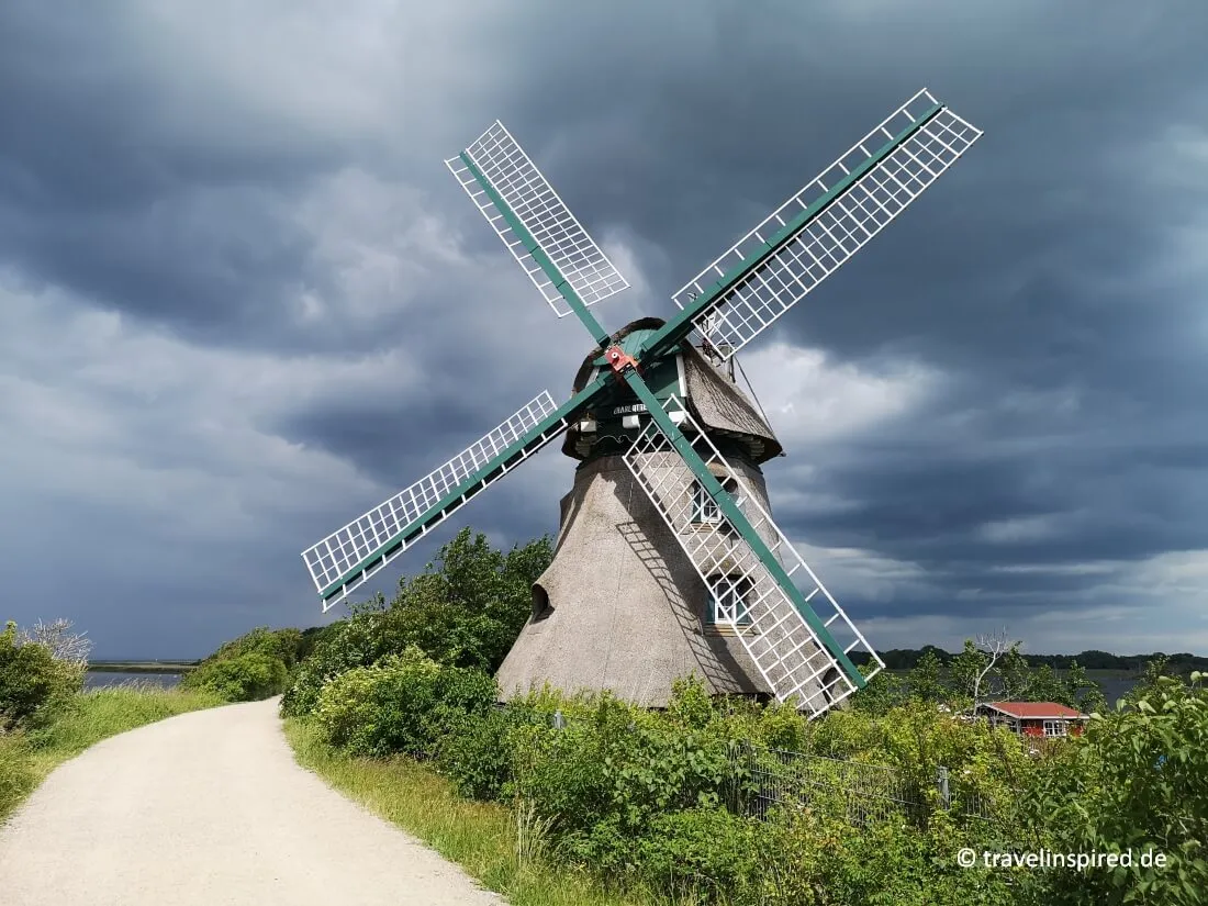 Die historische Mühle Charlotte in der Geltinger Birk, ein idyllisches Fotomotiv und Ausflugsziel für kulturelle Unternehmungen.