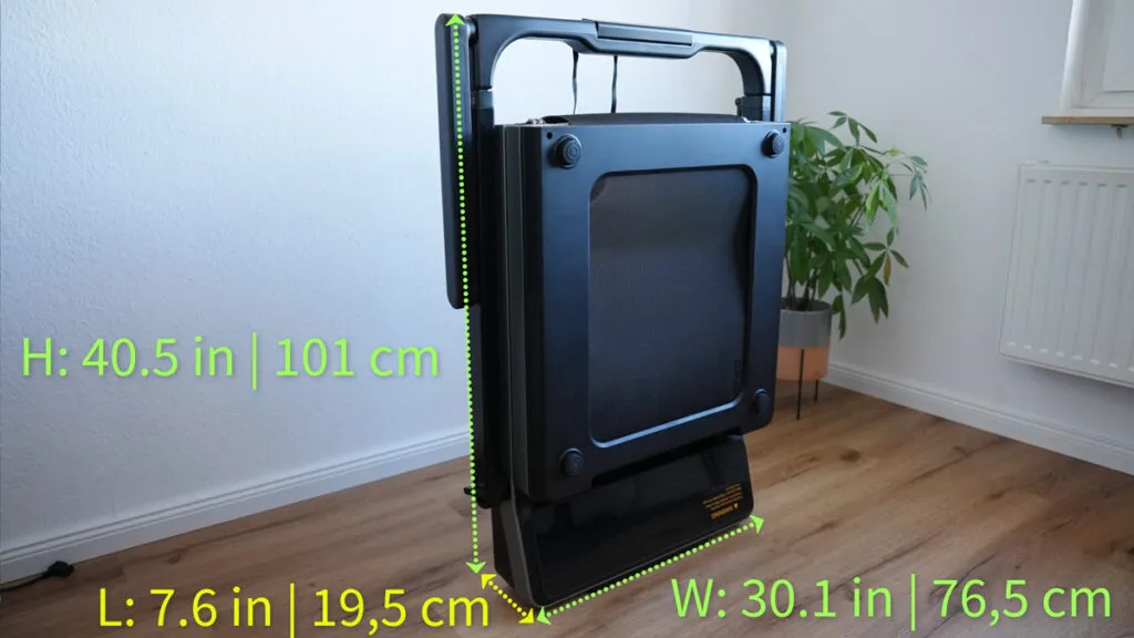 Die kompakten Maße des gefalteten WalkingPad Z3 Hybrid+ für platzsparende Aufbewahrung