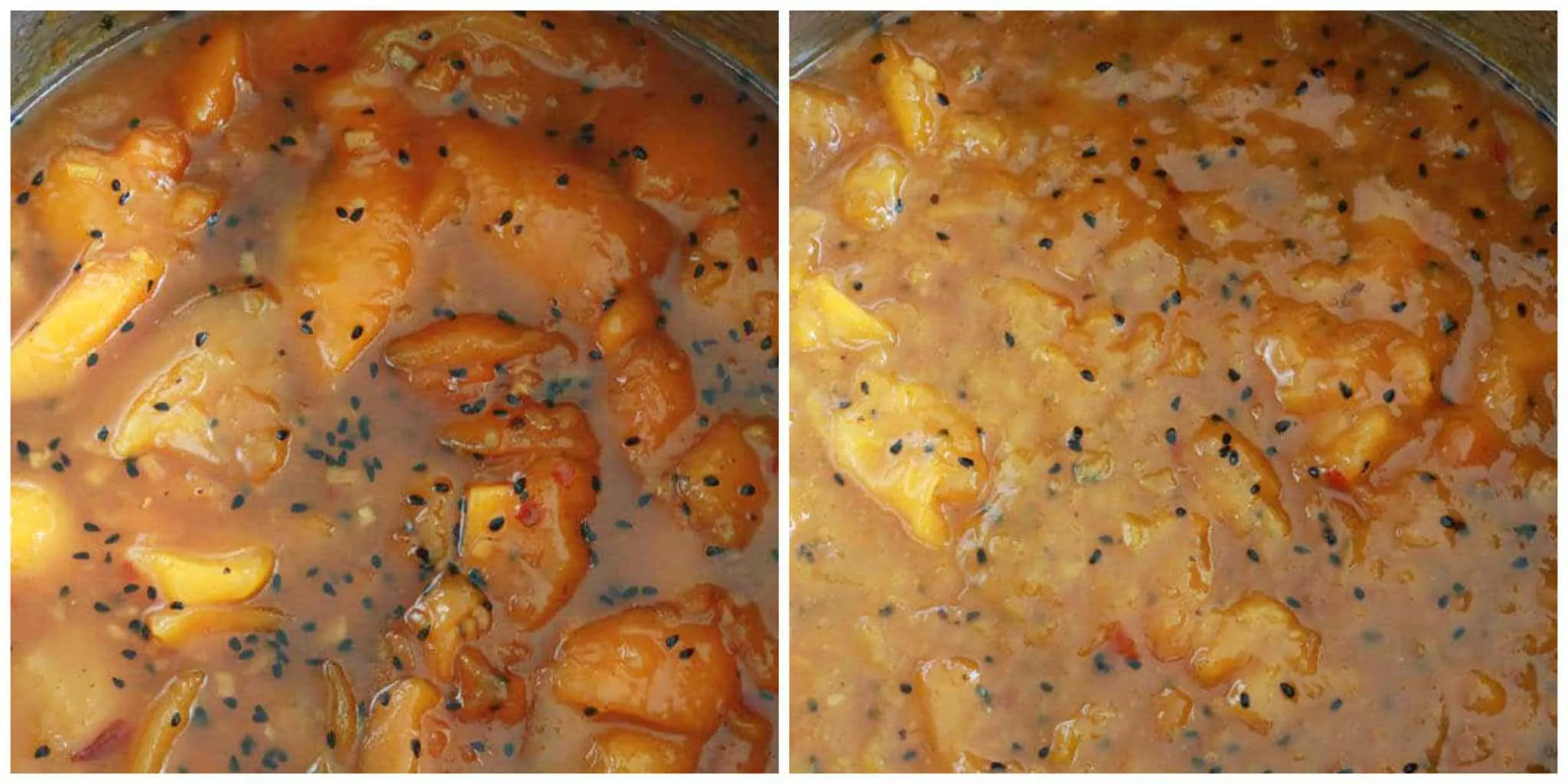 Die Mango Chutney Mischung köchelt langsam, um die Früchte zu reduzieren und die Aromen zu konzentrieren, ideal für eine lange Haltbarkeit.