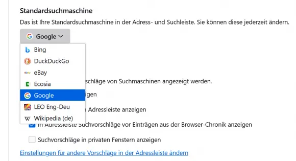 Die Namen der gewünschten Suchmaschine übernimmt man von den Einstellungen in das GPO