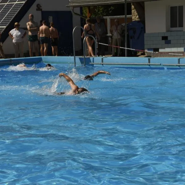 Die Schwimmer ziehen ihre Bahnen im Freyburger Schwimmbad