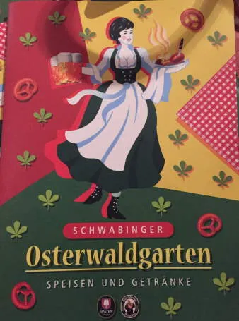 Die Speisekarte des Osterwaldgartens mit bayerischen Spezialitäten und &quot;Münchner Preisen&quot;