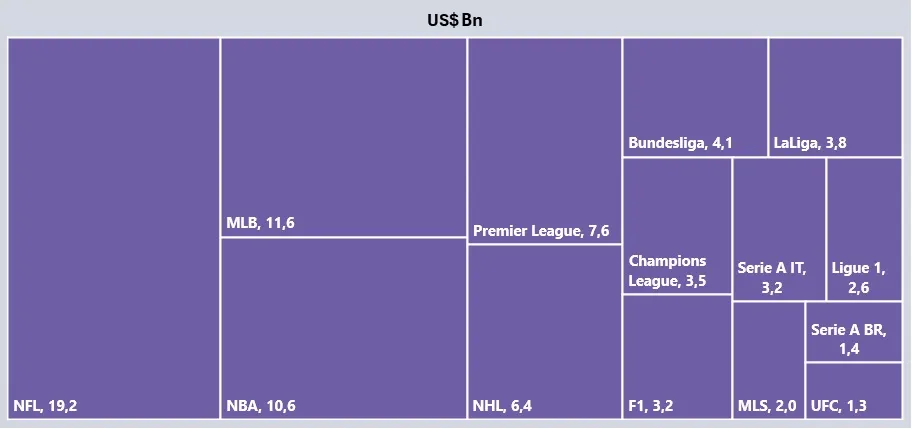 Die Top 5 US-Ligen repräsentierten im Jahr 2023 61 % des Gesamtumsatzes.
