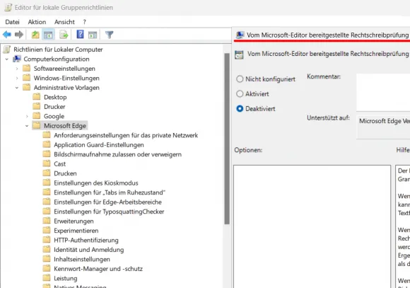 Die vom Microsoft Editor bereitgestellten Dienste per Gruppenrichtlinie deaktivieren