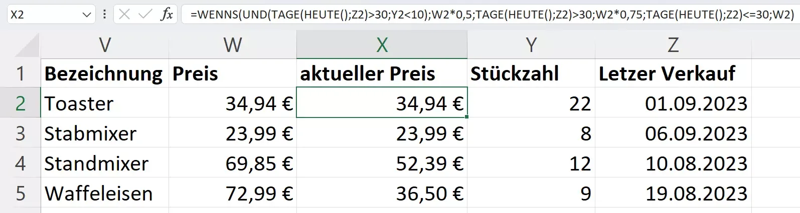 Die WENNS-Funktion in Excel für die Anwendung mehrerer Bedingungen und Ergebnisse