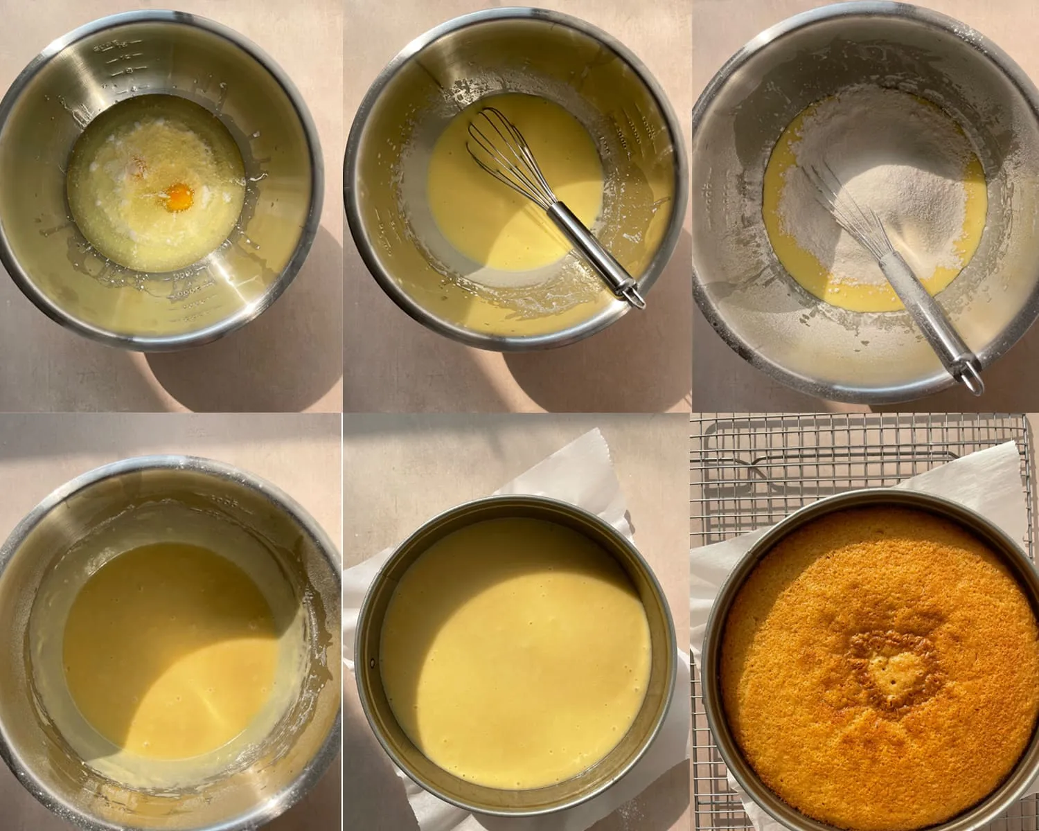 Die Zubereitung des Vanillekuchens, inklusive des Mischens und Backens, für eine Beereneistorte.