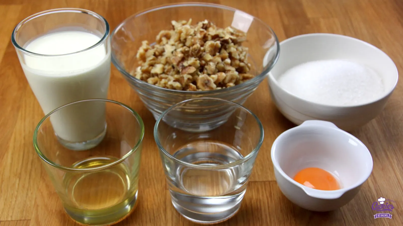 Die Zutaten für die Füllung: Rahm, Walnüsse, Zucker, Honig und Wasser