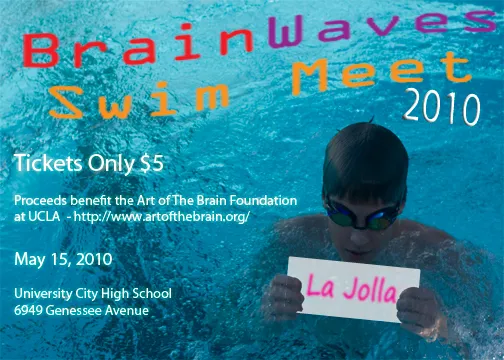 Digital erstelltes Poster für ein Schwimmfest ("Brain Waves"), mit einem Schwimmer und einer manuell hinzugefügten Tafel. Erstellt mit Adobe Illustrator und Photoshop.