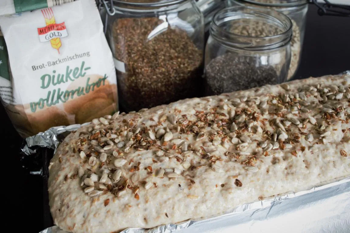 Dinkelvollkornbrot Teig in Kastenform geht auf