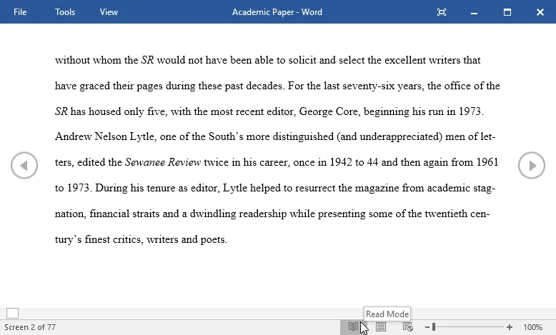 Dokumentansicht &quot;Lesemodus&quot; in Word 16 für eine bildschirmfüllende Darstellung