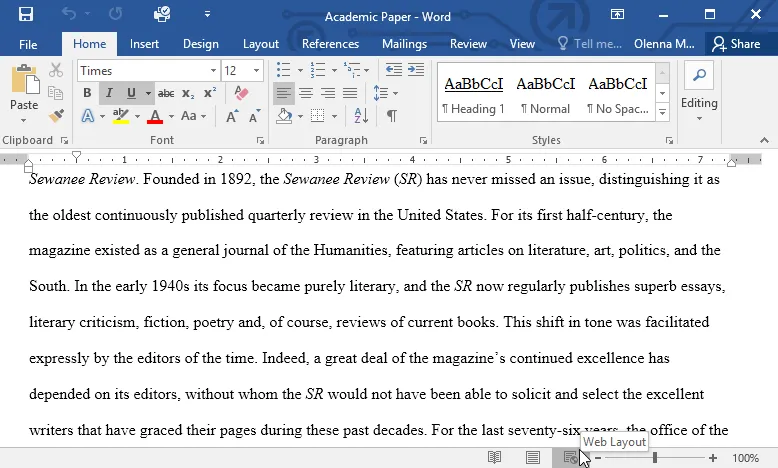 Dokumentansicht &quot;Weblayout&quot; in Word 16 zur Darstellung als Webseite