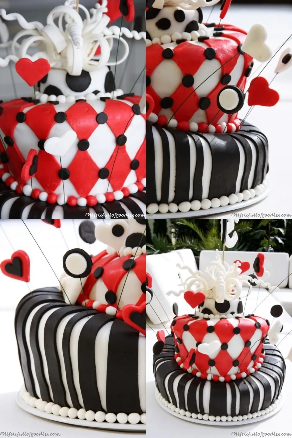 Dreistöckige Topsy Turvy Geburtstagstorte mit Alice im Wunderland Motiv zum 37. Geburtstag.