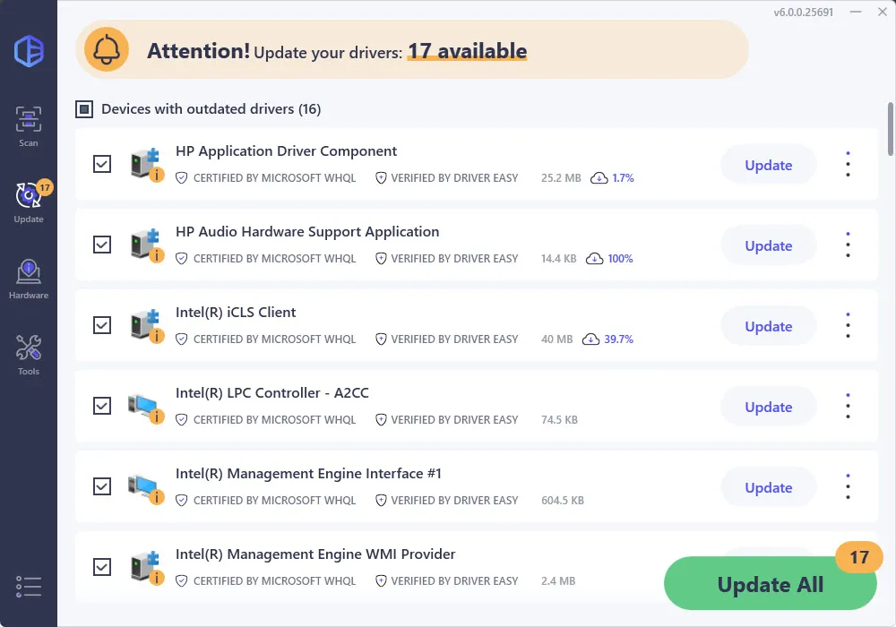 Driver Easy Pro zeigt eine Liste verfügbarer Treiber-Updates für verschiedene Hardware-Komponenten.