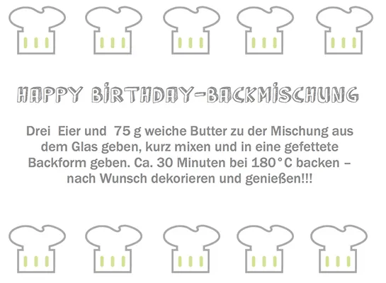 Druckbare Anleitung für die Zubereitung des Kuchens aus der Geburtstagskuchen Backmischung im Glas.