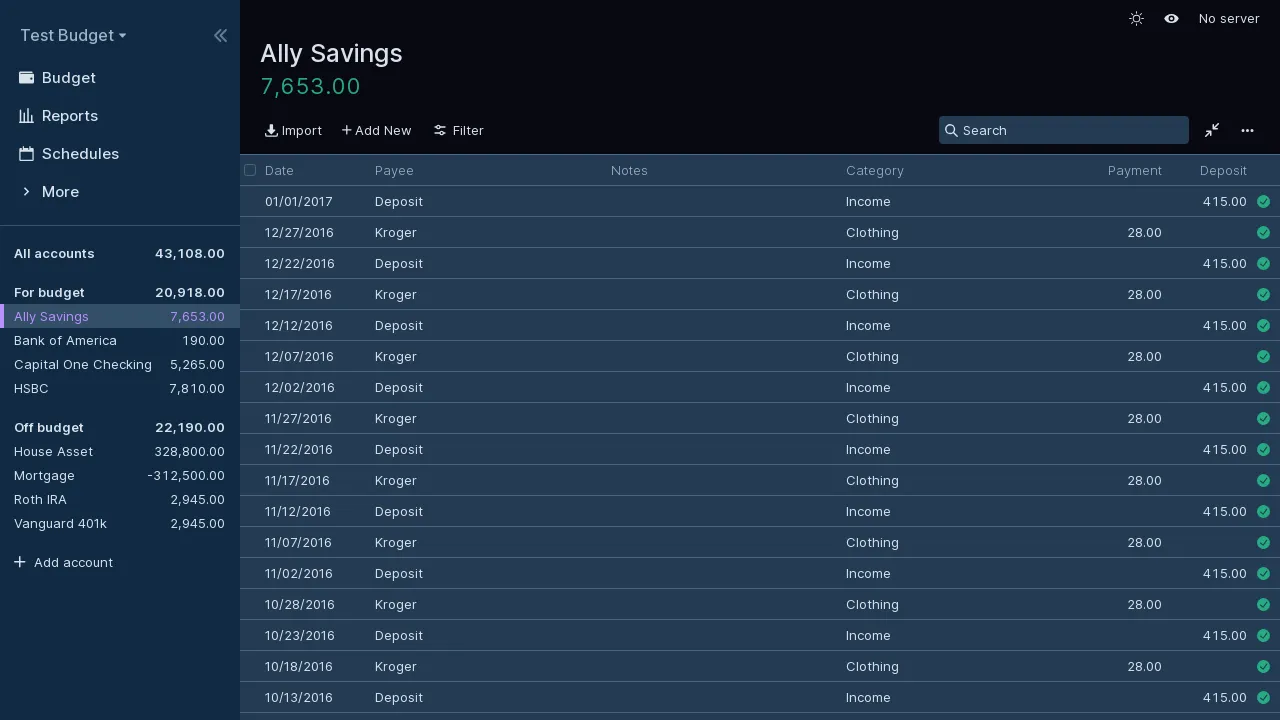 Dunkler Modus der Transaktionsansicht in Actual Budget, zeigt die schnelle und intuitive Bearbeitung von Ausgaben