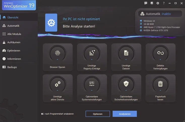 Dunkler Modus des Ashampoo WinOptimizer 19 zur Reinigung und Beschleunigung