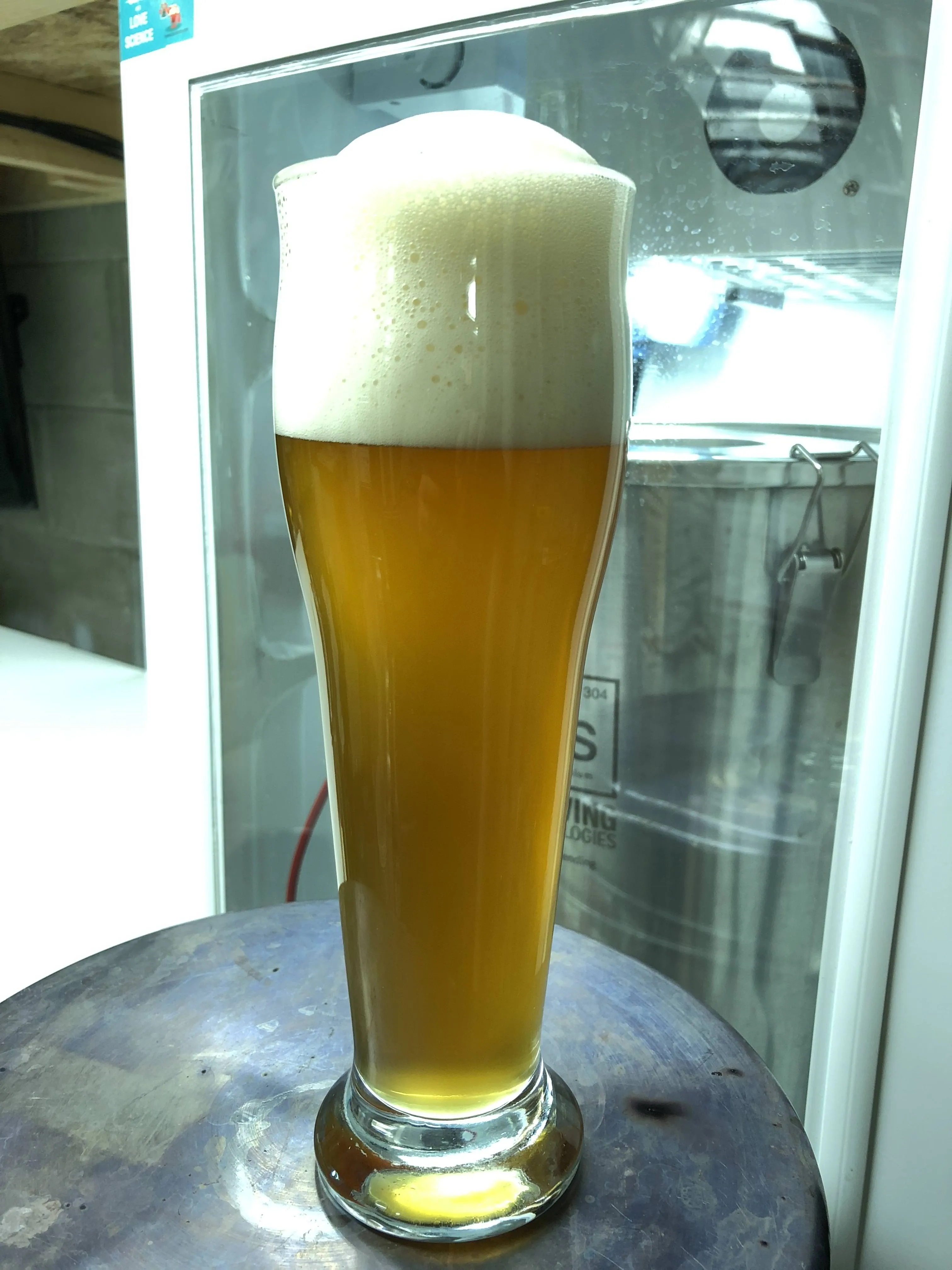 Dunkles, naturtrübes deutsches Ur-Weizenbier oder Dunkelweizen in einem Weizenglas, das die reiche, bernsteinfarbene Tönung zeigt