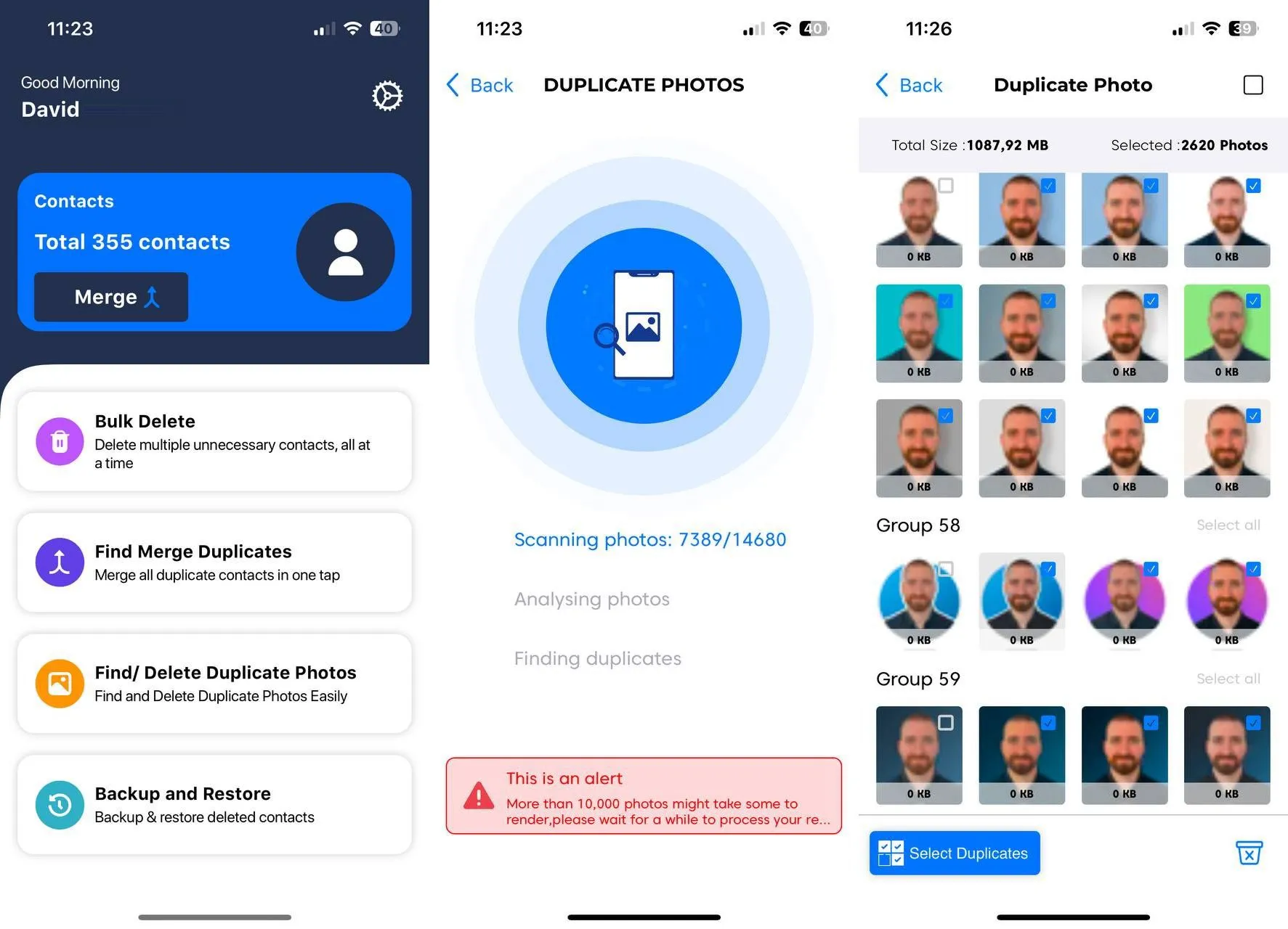 Duplicate Cleaner App für iPhone zeigt gefundene doppelte Bilder in Miniaturansicht