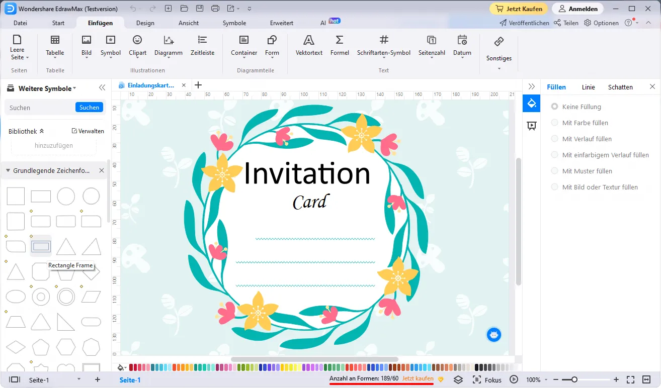EdrawMax Benutzeroberfläche zur Erstellung von Einladungskarten
