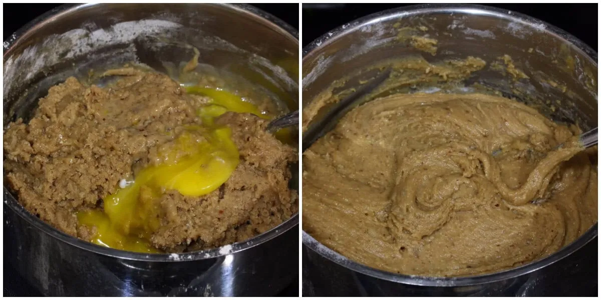 Ei zum klebrigen Pfeffernüsseteig hinzufügen und vermengen