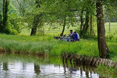 Ein Angler mit Kescher am ruhigen Fließ im Spreewald, bereit für eine erfolgreiche Angeltour in der naturbelassenen Umgebung.