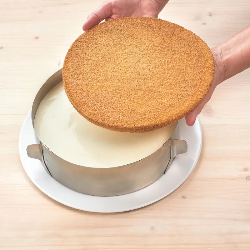 Ein Anschnitt der Dr. Oetker Käse-Sahne Torte, die die cremige Füllung und den Boden zeigt