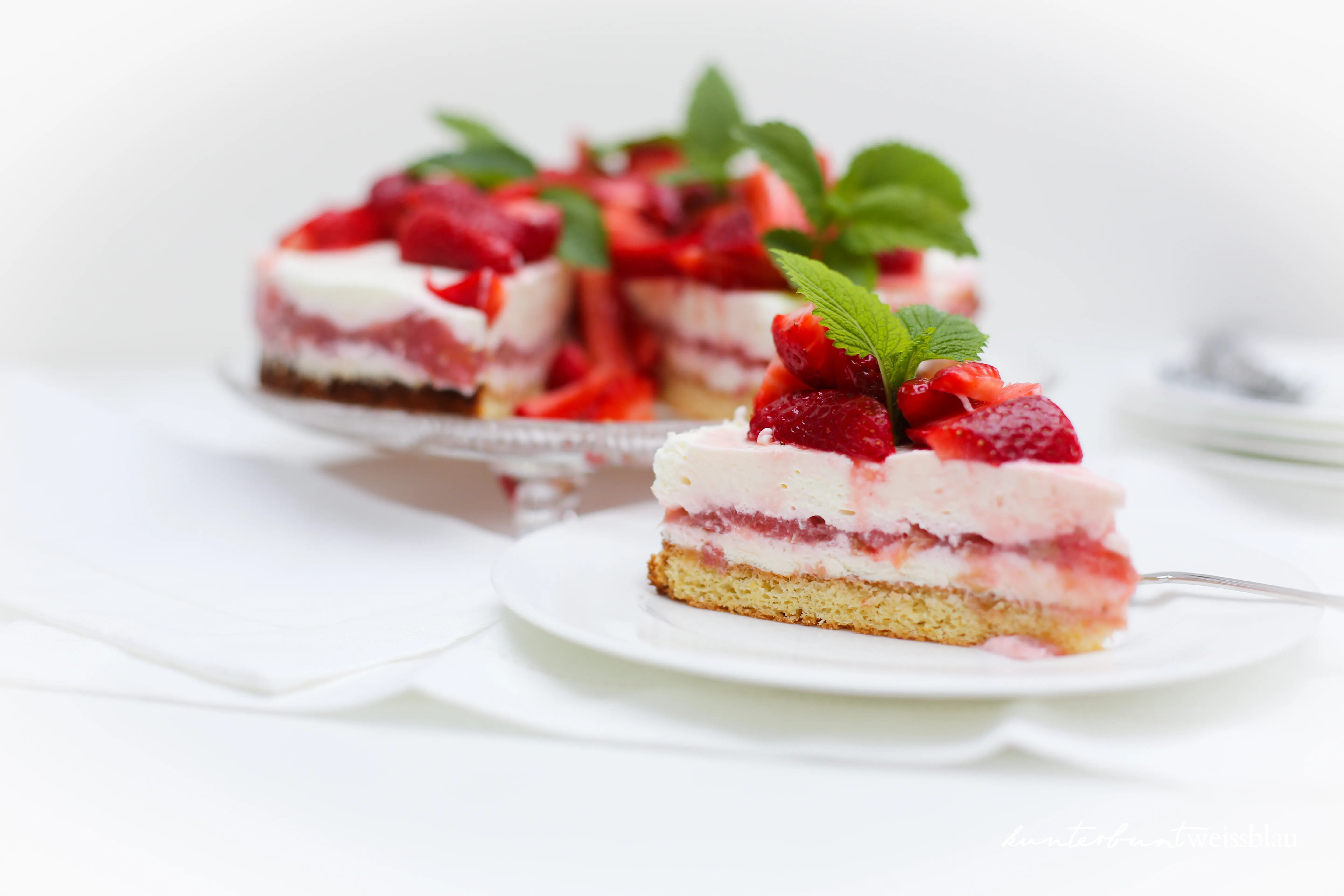 Ein appetitliches Stück Rhabarber Käse Sahne Torte mit Erdbeeren und Rhabarberkompott, bereit zum Genuss