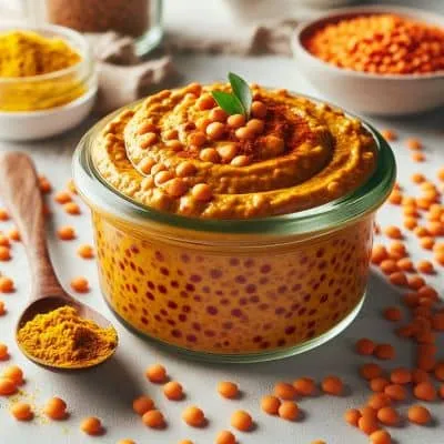 Ein cremiger Curry-Linsenaufstrich in einer Schale, garniert mit frischen Kräutern, eine proteinreiche und basische Brotaufstrich-Idee.