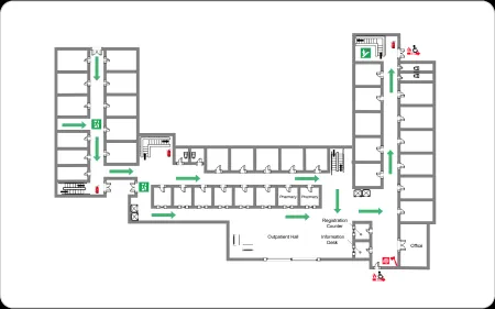 Ein detaillierter Notfallplan für ein Krankenhaus, erstellt mit EdrawMax, zeigt die Fähigkeit des kostenlosen Zeichenprogramms, komplexe institutionelle Grundrisse mit hoher Präzision darzustellen.