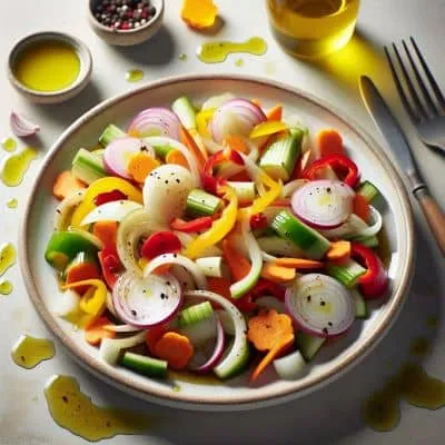 Ein farbenfroher, bunt gemischter basischer Salat mit frischem Gemüse und einem gesunden Dressing, perfekt für eine leichte Mahlzeit.
