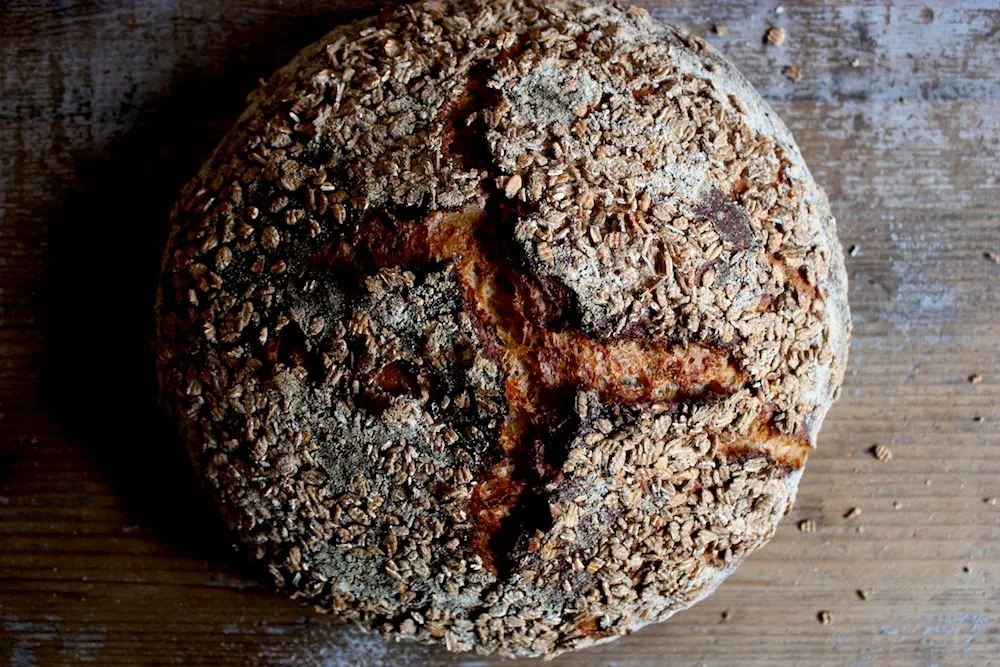 Ein fertig gebackenes Roggen-Vollkornbrot mit rustikaler Kruste