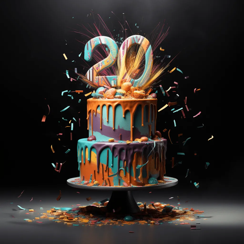 Ein festlich dekorierter Kuchen zum 20. Geburtstag mit blumigen Akzenten