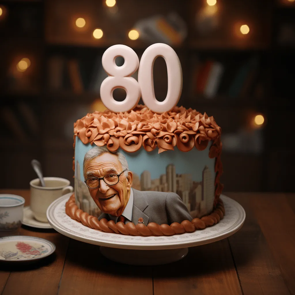 Ein festlicher Geburtstagskuchen zum 80. Geburtstag für einen Mann, verziert mit thematischen Elementen wie einem Oldtimer oder Reiseutensilien, der die Interessen des Jubilars widerspiegelt.