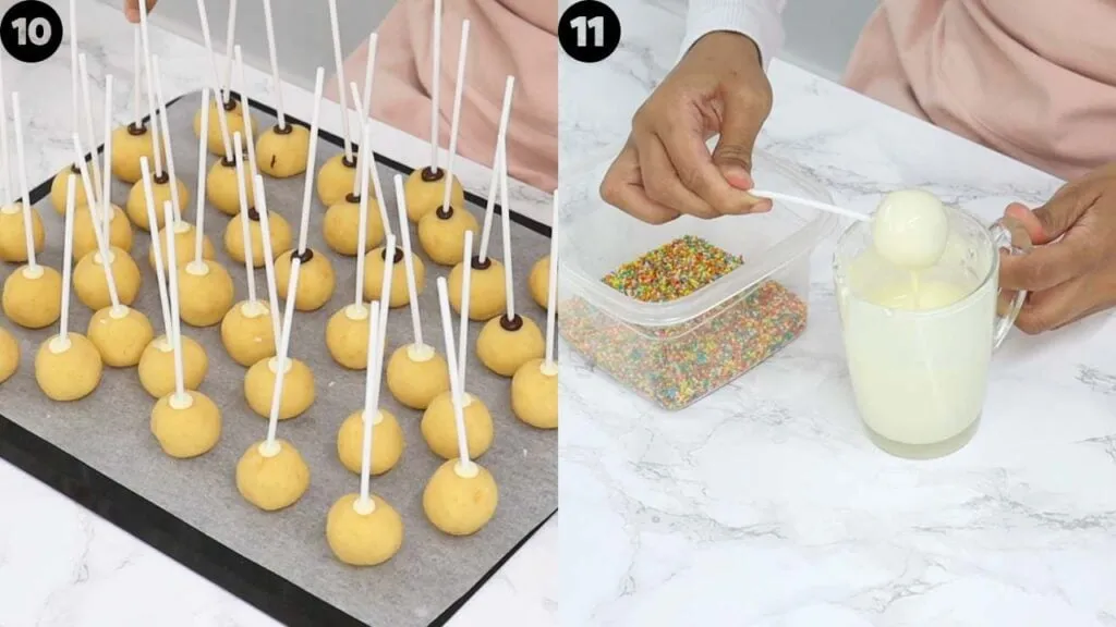 Ein frisch überzogener Cakepop wird mit bunten Streuseln verziert, bevor die Schokolade fest wird