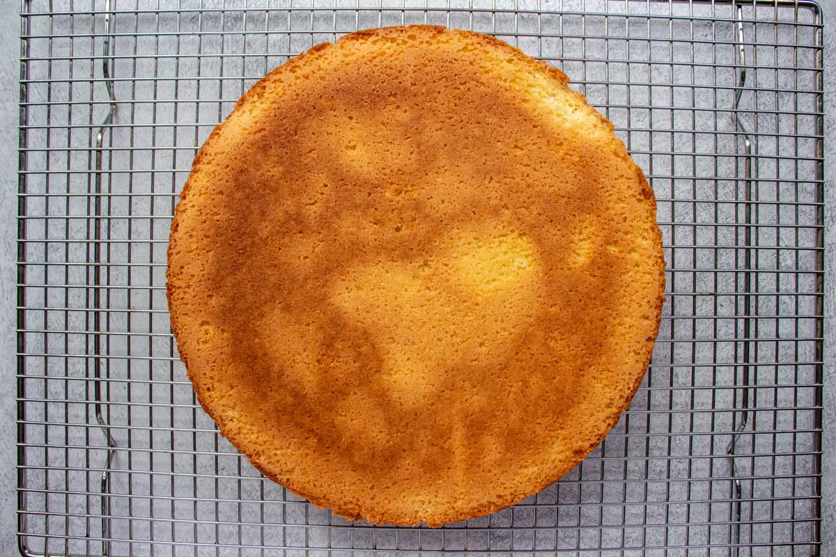 Ein goldgelber Biskuitkuchen, der zum Abkühlen auf ein Drahtgitter gestürzt wurde.