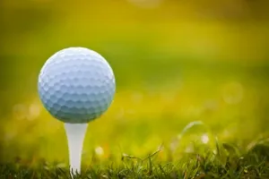 Ein Golfball liegt perfekt auf dem Tee vor einer malerischen Kulisse.