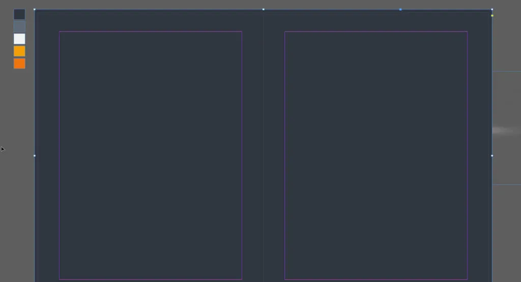 Ein InDesign-Dokument mit einem aufgezogenen Rechteck, das die gesamte Doppelseite als Hintergrund überdeckt. Die Beschnittzugabe ist sichtbar, ein wichtiger Aspekt beim Anlegen der InDesign Hintergrundfarbe.