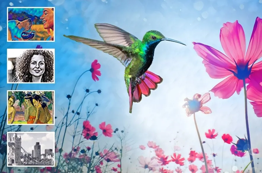 Ein Kolibri fliegt in der Luft mit Blumen