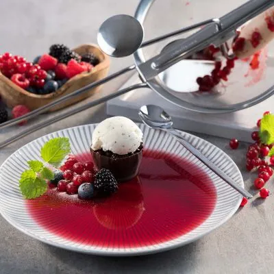 Ein köstlicher Dessertteller mit Vanilleeis in einem Schokoladenbecher, garniert mit frischen Beeren und einer leuchtend roten Beerensauce, die mit dem Fleißigen Lieschen zubereitet wurde.