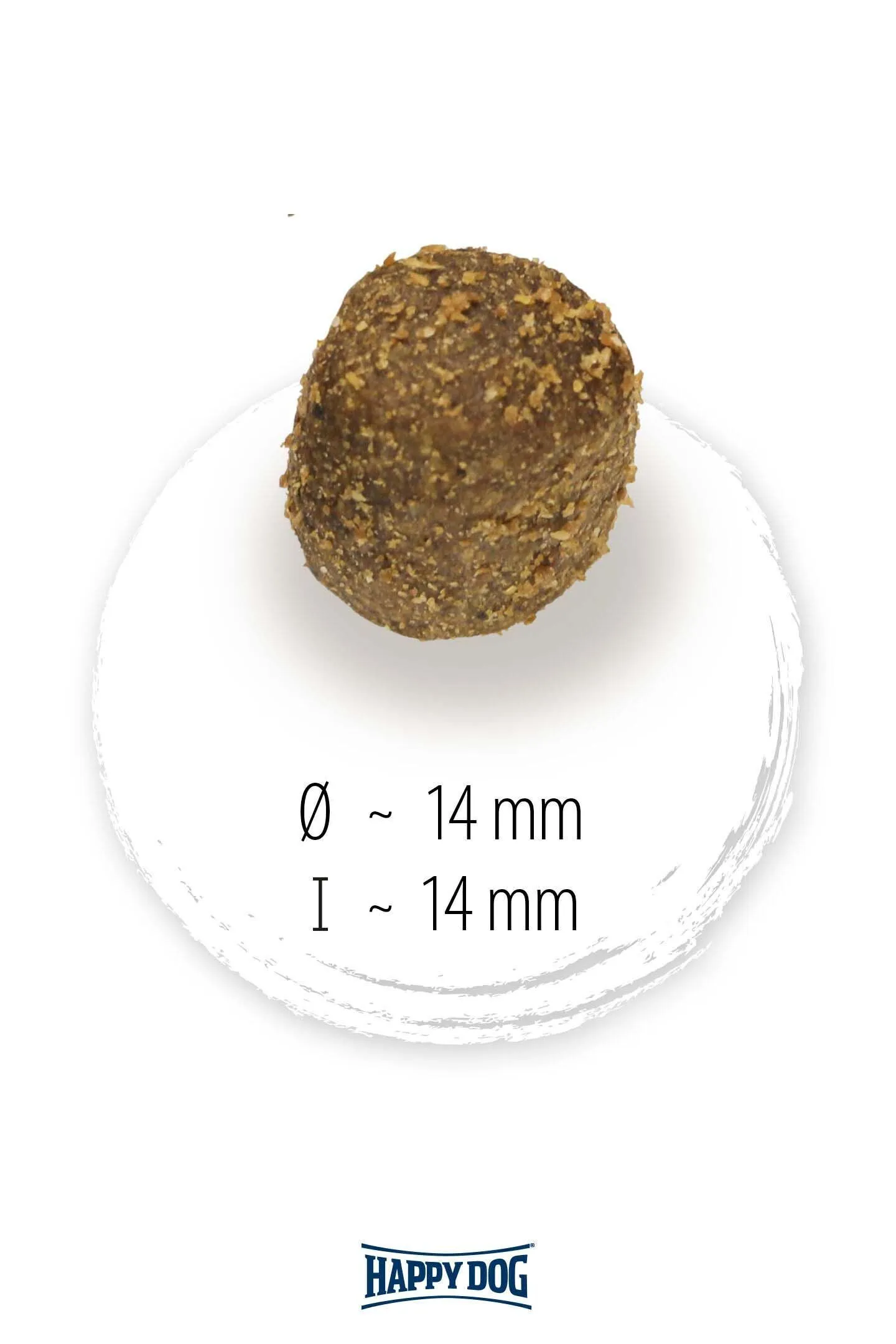 Ein kugelförmiges Stück Trockenfutter mit einem Durchmesser von 14 mm wird gezeigt. Darunter steht 