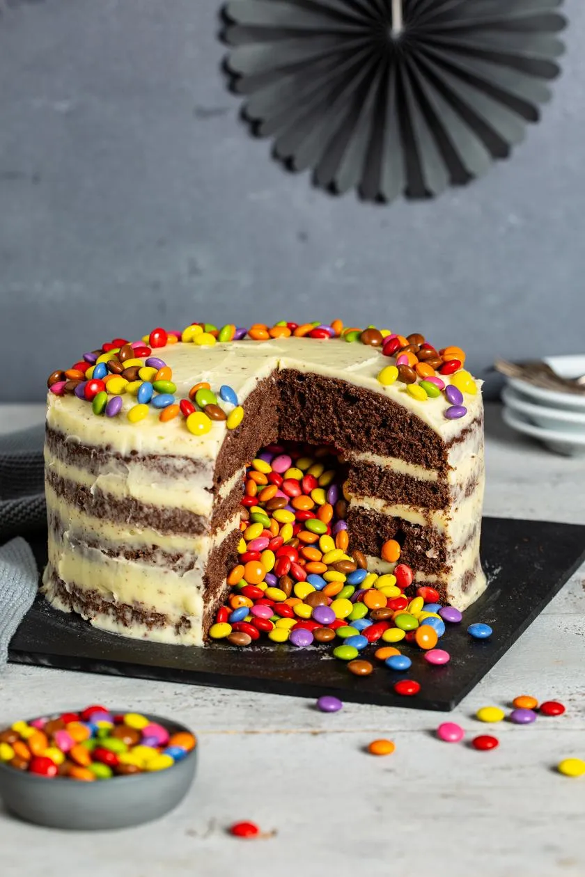Ein Piñata Kuchen mit Schokoböden und einer bunten Smarties-Füllung im Inneren