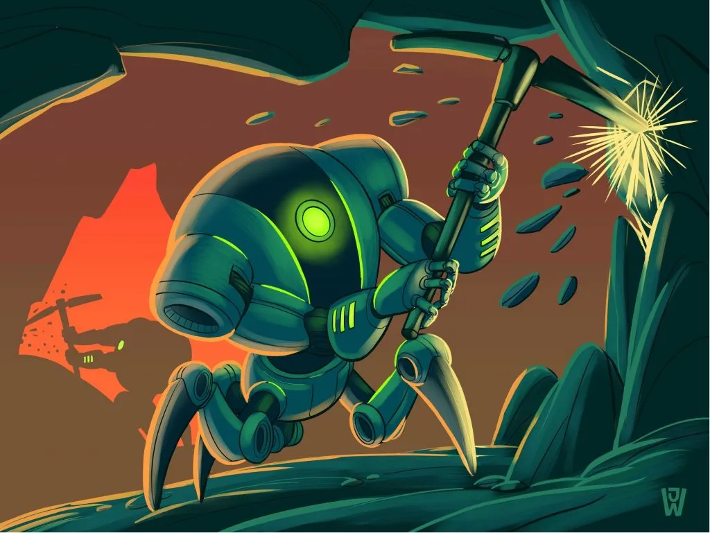 Ein Roboter in einem Minenstollen hackt mit einer Spitzhacke auf Fels