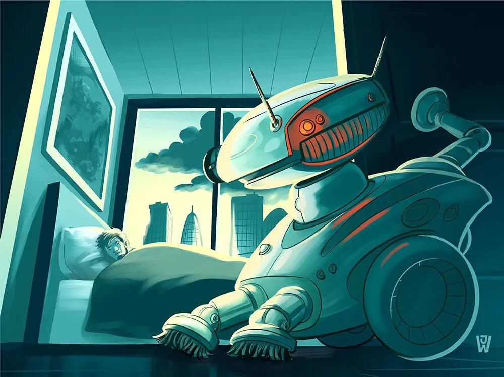 Ein Roboter-Staubsauger reinigt den Boden, während eine Person in der Nähe schläft