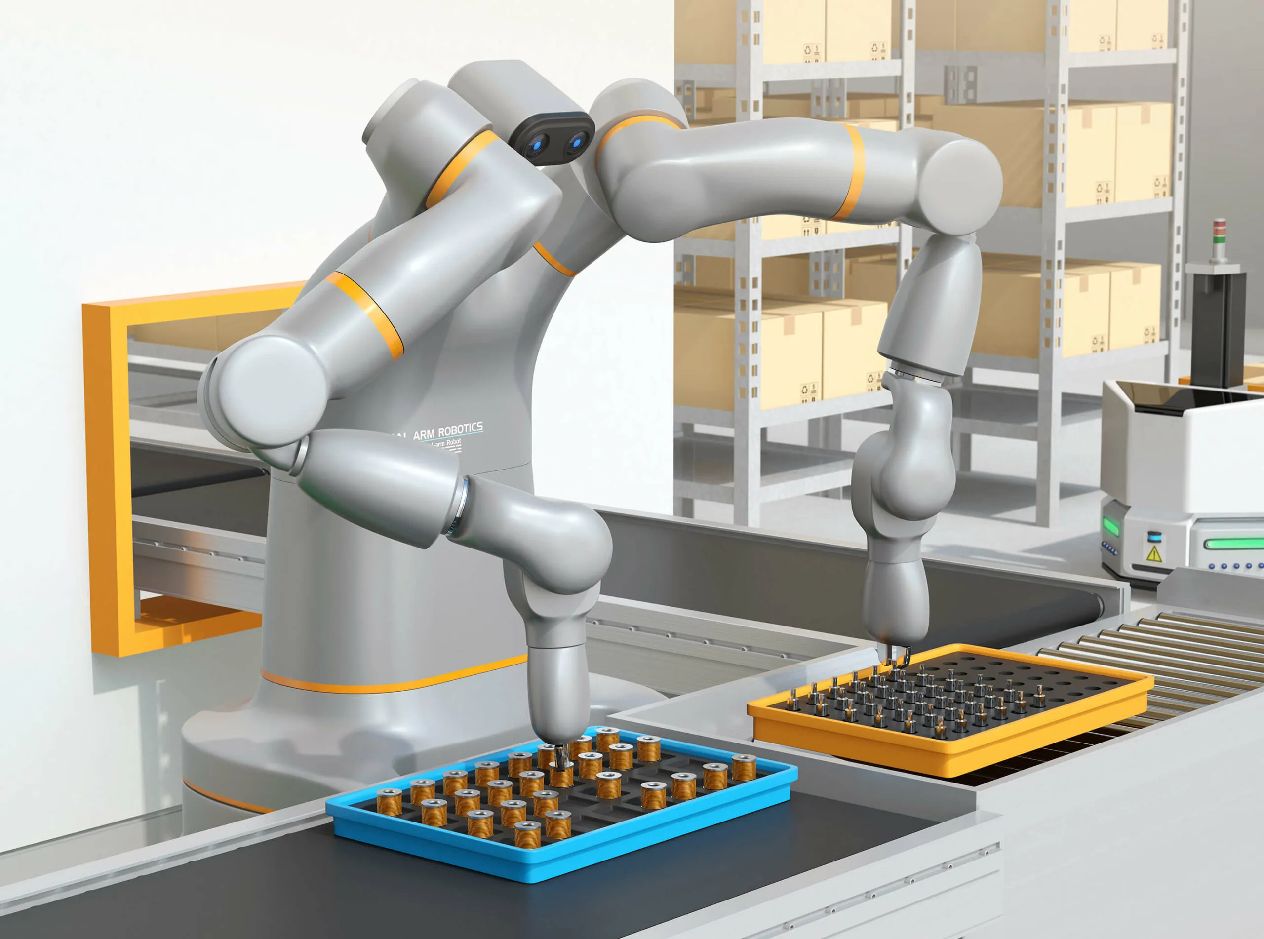 Ein Roboterarm in einer Fertigungsanlage demonstriert die Automatisierung und Innovation in den Exponential Industries durch aktuelle technologien wie Robotik und 3D-Druck.