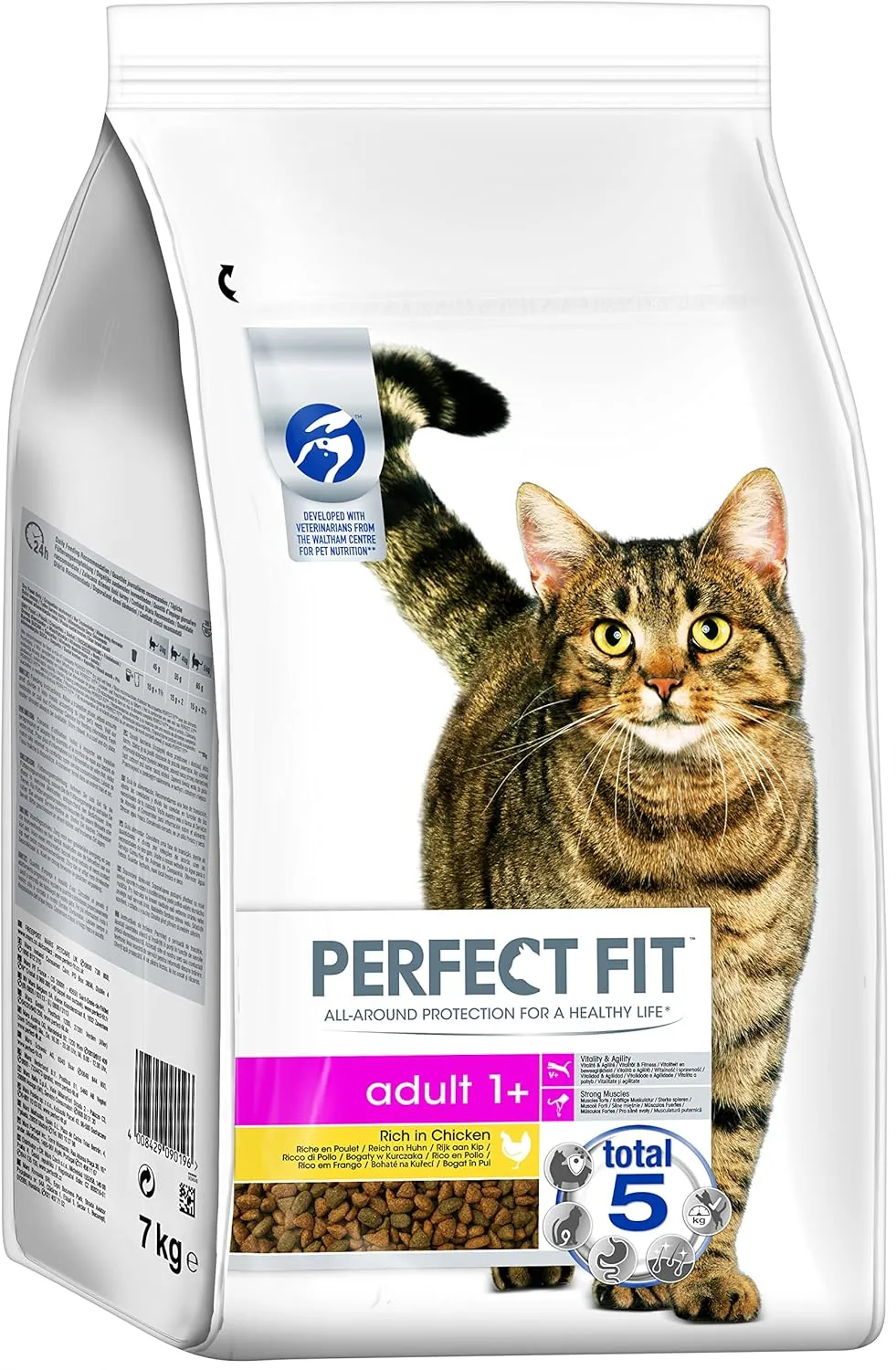 Ein Sack Perfect Fit Adult 1+ Katzentrockenfutter, reich an Huhn, in der 7kg-Variante.